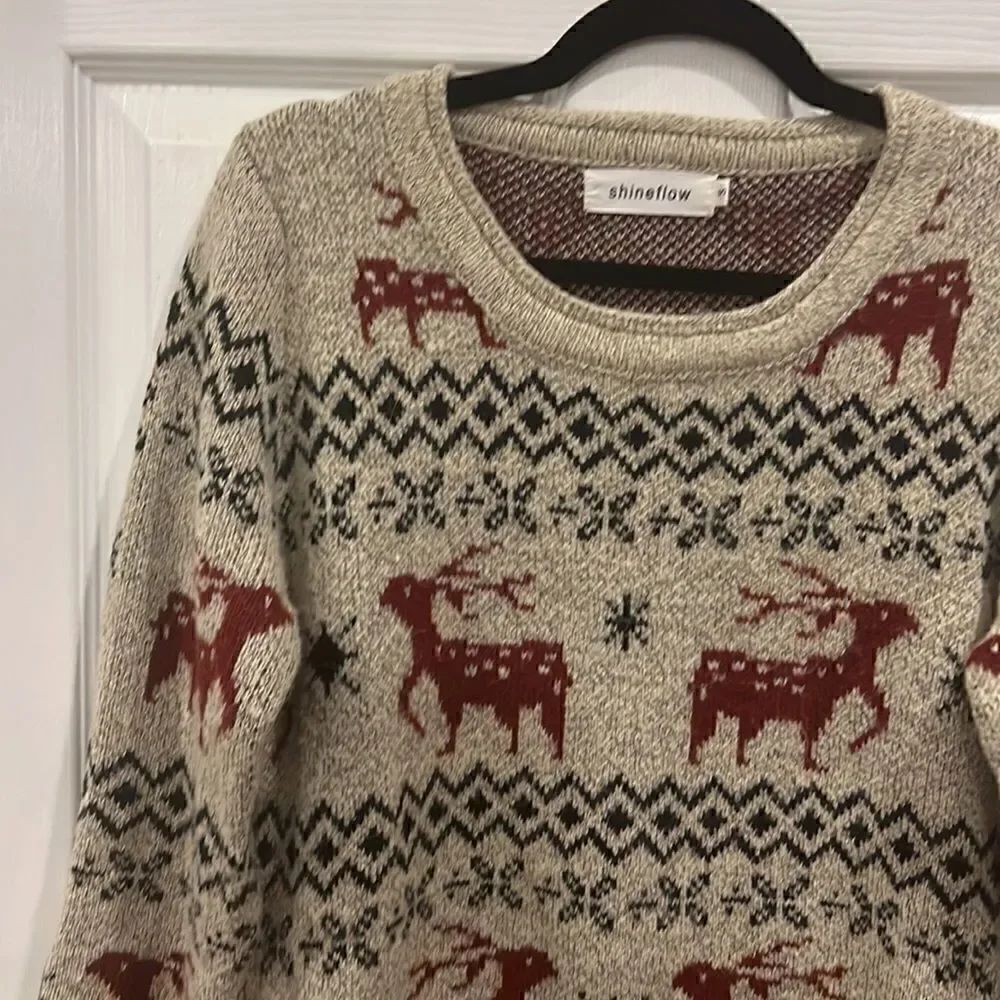 Shineflow Reindeer Patterned Knit Sweater Long Beige Red Small - Picture 4 of 13